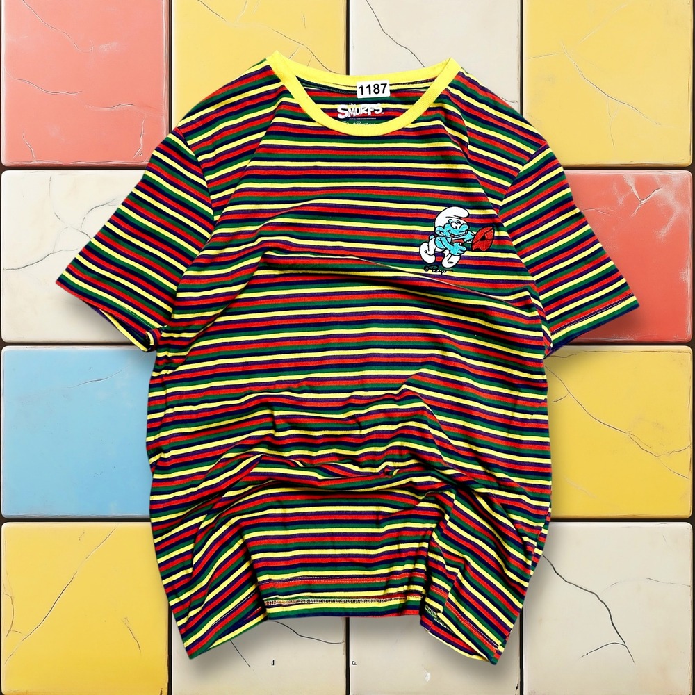 Y2K‎ The Smurfs Cartoon Striped Tee Men L Yellow Red Embroidered Comic Art Shirt